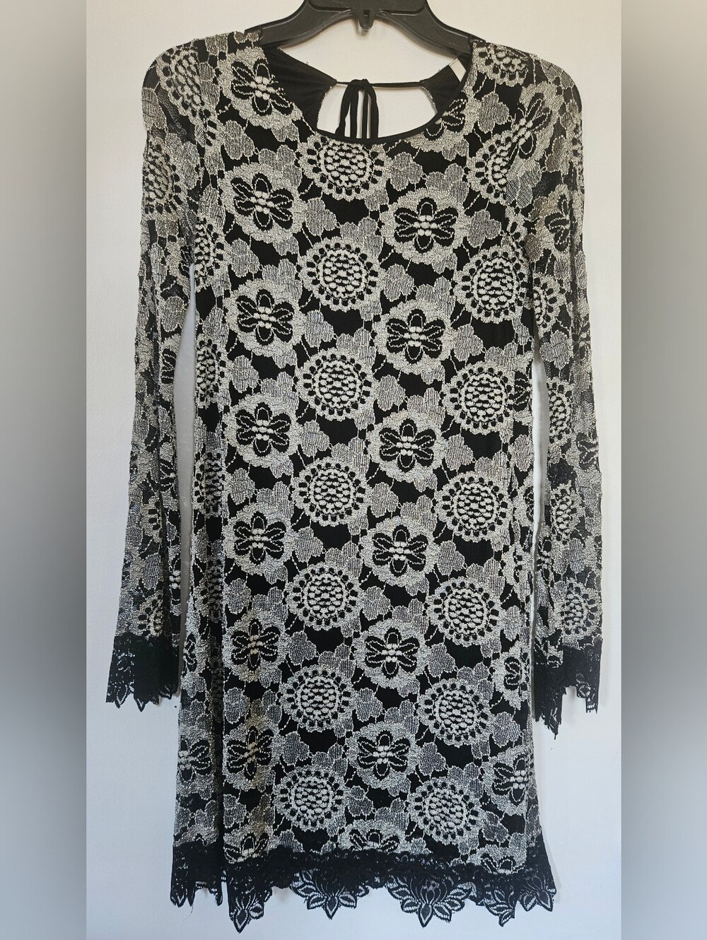 Sage Black and Silver Lace Detail Dress Long Sleeves Open back